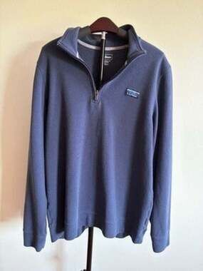 L.. Bean L.L.Bean Sweater Mens Blue Mock Neck Ribbed Cuffs Hem Logo Patch